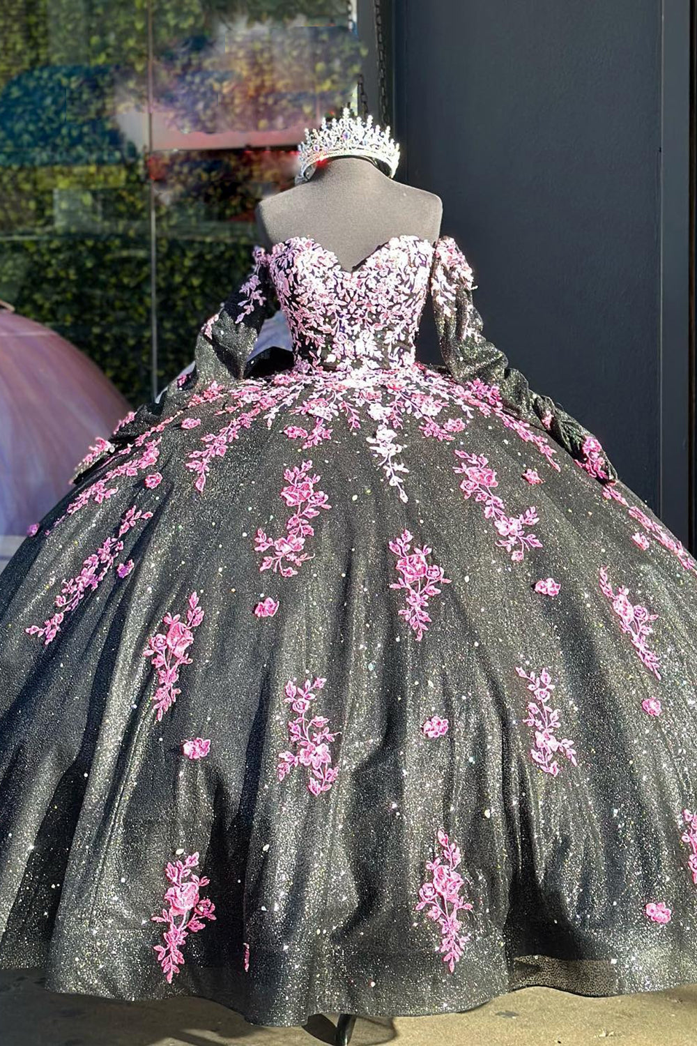 Sweetheart Princess Quinceanera Dress in Sparkly Black Pink with Long Sleeves and Sequin Applique on Tulle