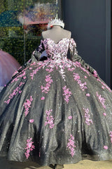 Sweetheart Princess Quinceanera Dress in Sparkly Black Pink with Long Sleeves and Sequin Applique on Tulle