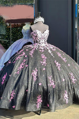 Sweetheart Princess Quinceanera Dress in Sparkly Black Pink with Long Sleeves and Sequin Applique on Tulle