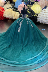 Dark Green Sparkly Princess Sweetheart Tulle Quinceanera Dress with Applique