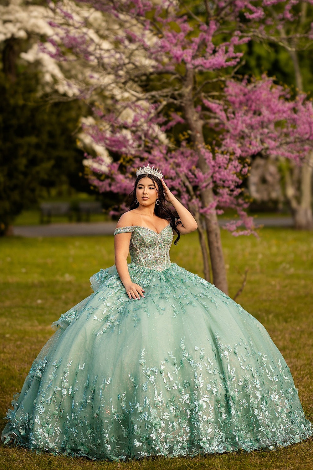 Green Sparkle Off-Shoulder Beaded Tulle Quinceanera Ball Gown with Applique