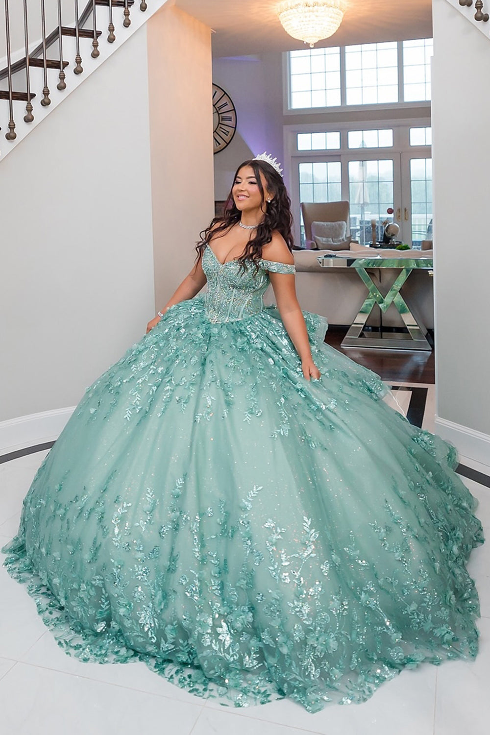 Green Sparkle Off-Shoulder Beaded Tulle Quinceanera Ball Gown with Applique
