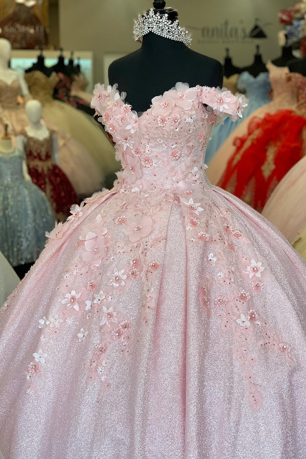 Pink Sparkle Princess Quinceanera Dress with Beaded Off-Shoulder Tulle