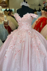 Pink Sparkle Princess Quinceanera Dress with Beaded Off-Shoulder Tulle
