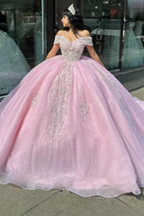 Pink Sparkly Off-Shoulder Princess Quinceanera Dress with Beaded Tulle and Sequins