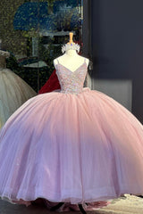 Pink Sparkle Princess Quinceanera Dress with Beaded Tulle Straps and Bow
