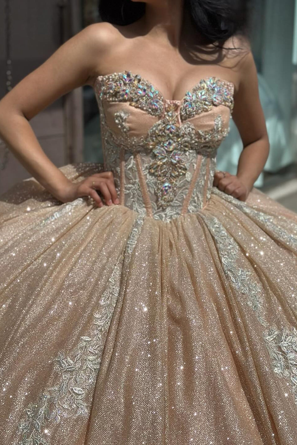 Champagne Glitter Princess Tulle Dress with Beaded Sweetheart Applique and Sequins for Quinceanera