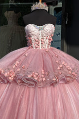 Pink Glitter Princess Quinceanera Dress with Sweetheart Beaded Applique and Sequined Tulle