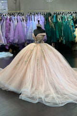 Off the Shoulder Applique Tulle Ball Gown in Blush for Quinceanera