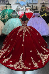 Velvet Quinceanera Ball Gown in Burgundy with Off-the-Shoulder Appliques