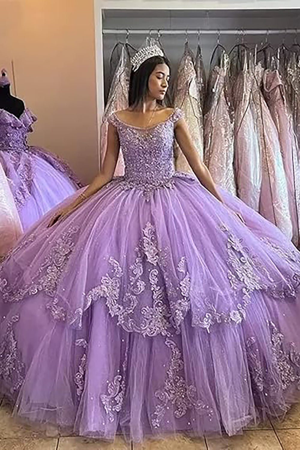 Tiered Lilac Tulle Ball Gown Off-the-Shoulder Quinceanera Dress with Sequins