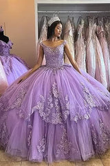 Tiered Lilac Tulle Ball Gown Off-the-Shoulder Quinceanera Dress with Sequins