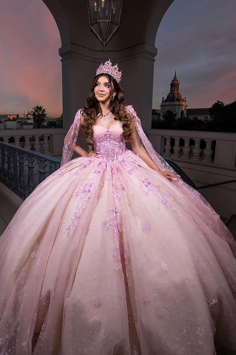 Champagne Blush Quinceanera Dress with Spaghetti Straps, Tulle Cape, and Appliques
