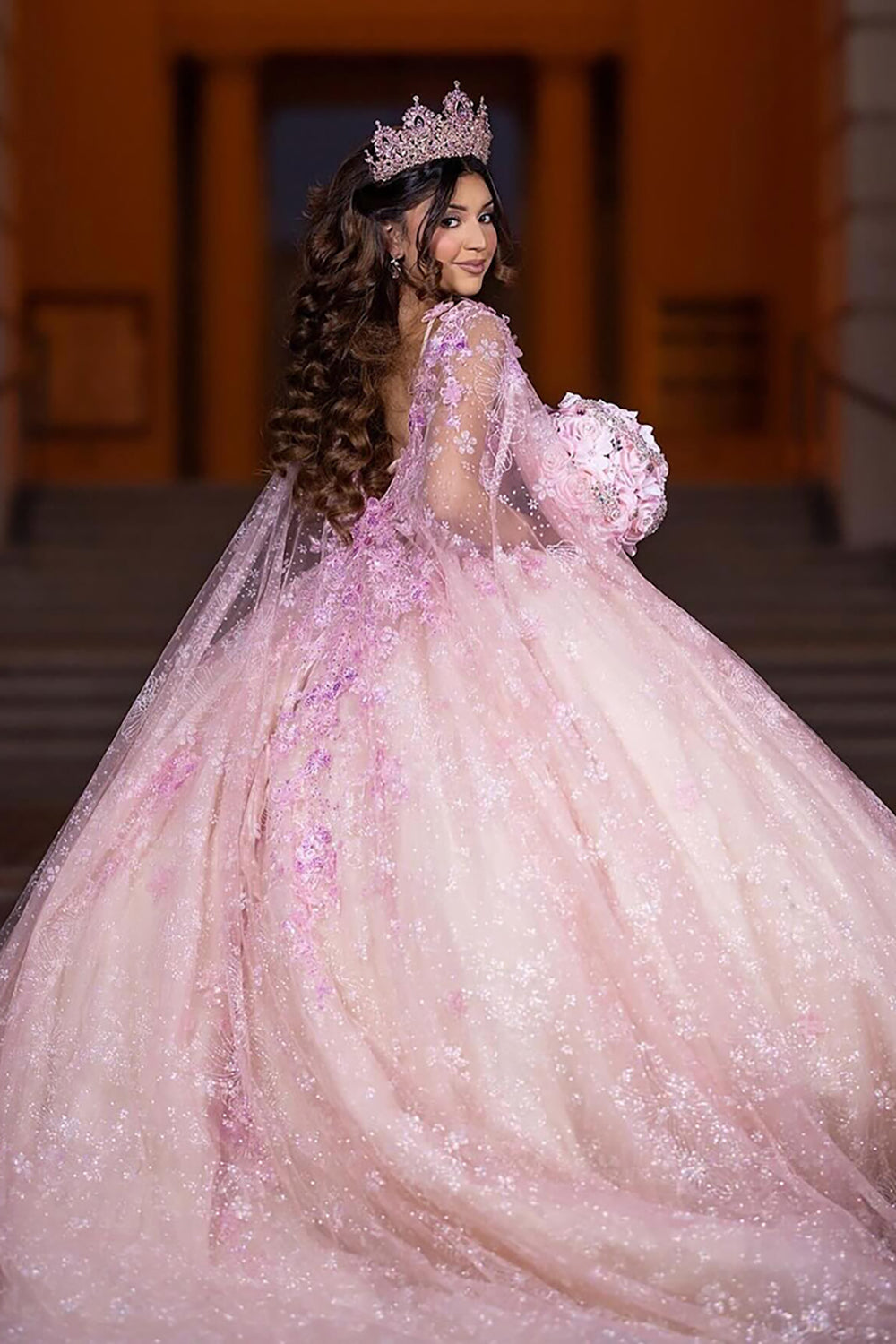 Champagne Blush Quinceanera Dress with Spaghetti Straps, Tulle Cape, and Appliques