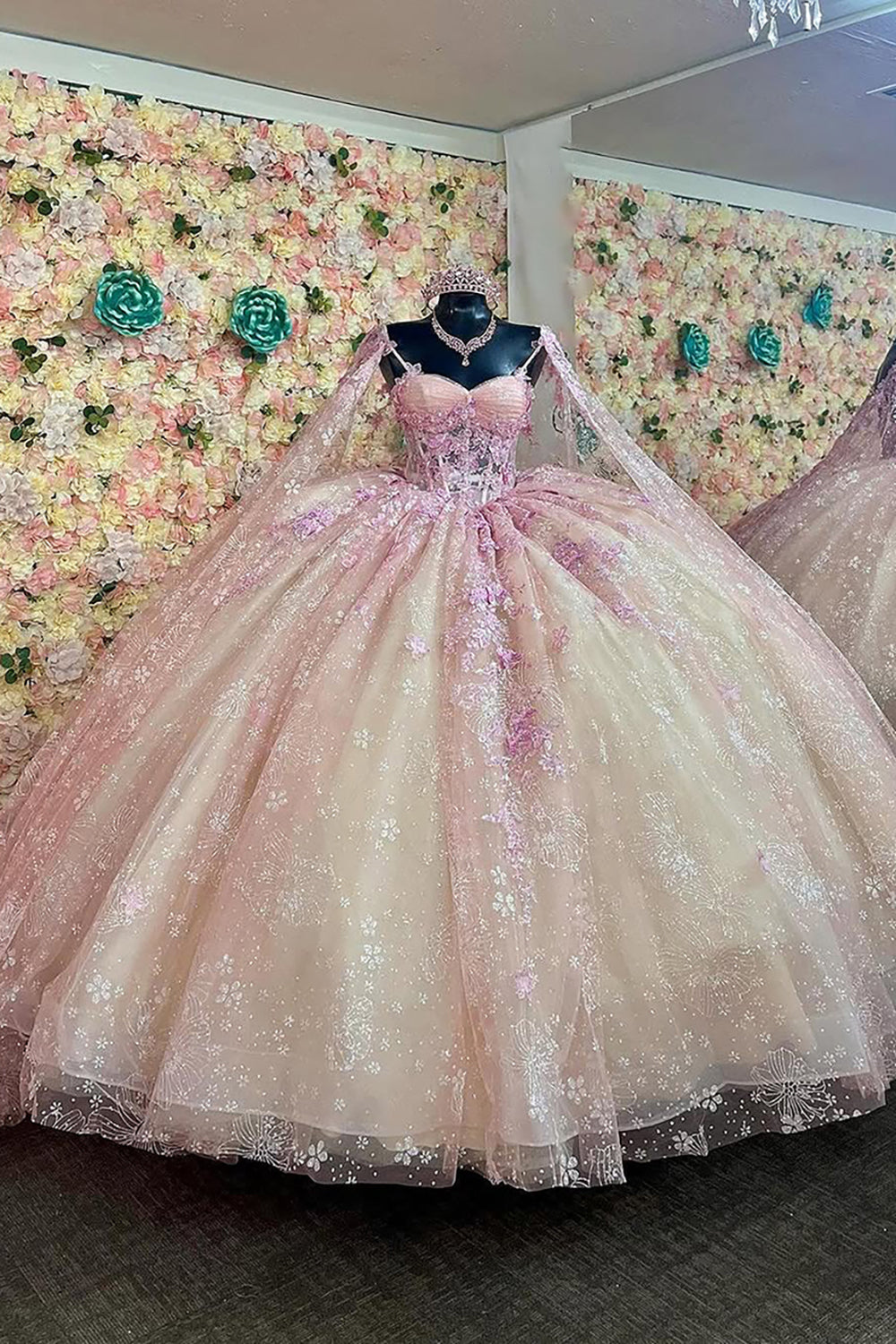 Champagne Blush Quinceanera Dress with Spaghetti Straps, Tulle Cape, and Appliques