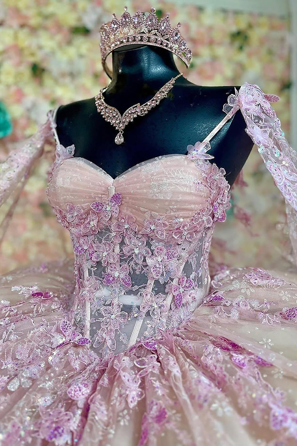 Champagne Blush Quinceanera Dress with Spaghetti Straps, Tulle Cape, and Appliques