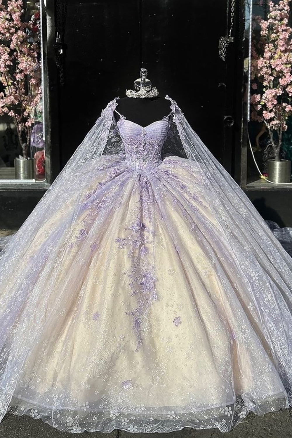 Champagne Blush Quinceanera Dress with Spaghetti Straps, Tulle Cape, and Appliques