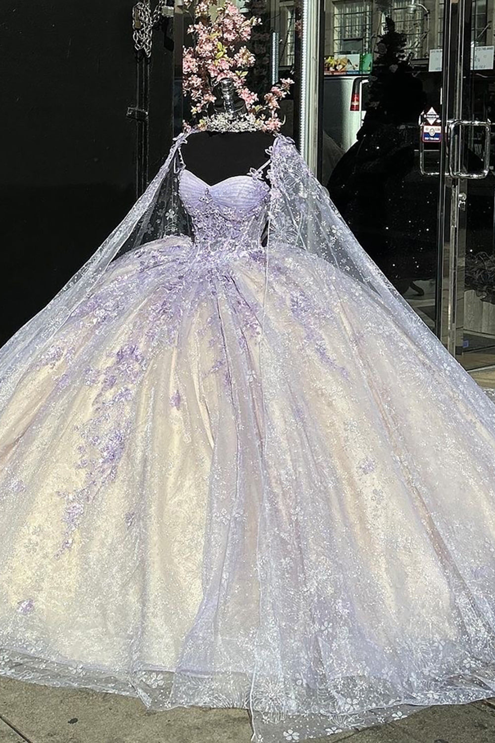 Champagne Blush Quinceanera Dress with Spaghetti Straps, Tulle Cape, and Appliques