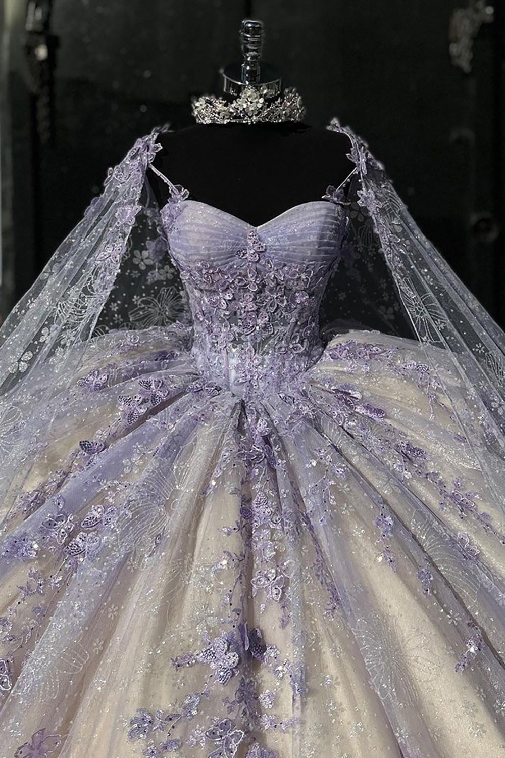 Champagne Blush Quinceanera Dress with Spaghetti Straps, Tulle Cape, and Appliques