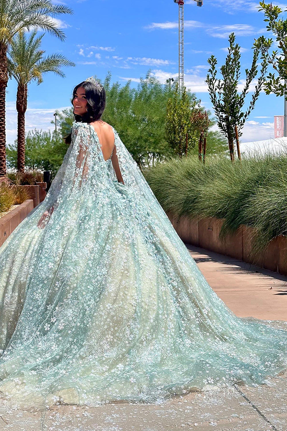 Champagne Blush Quinceanera Dress with Spaghetti Straps, Tulle Cape, and Appliques