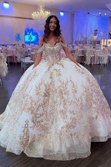 Golden Ivory Cold Shoulder Ball Gown with Sparkly Sequins for Quinceanera