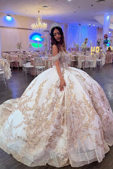 Golden Ivory Cold Shoulder Ball Gown with Sparkly Sequins for Quinceanera