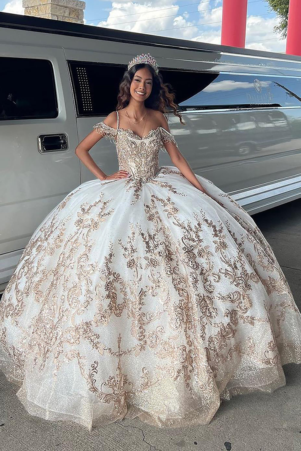 Golden Ivory Cold Shoulder Ball Gown with Sparkly Sequins for Quinceanera
