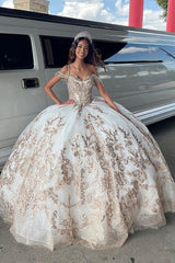 Golden Ivory Cold Shoulder Ball Gown with Sparkly Sequins for Quinceanera