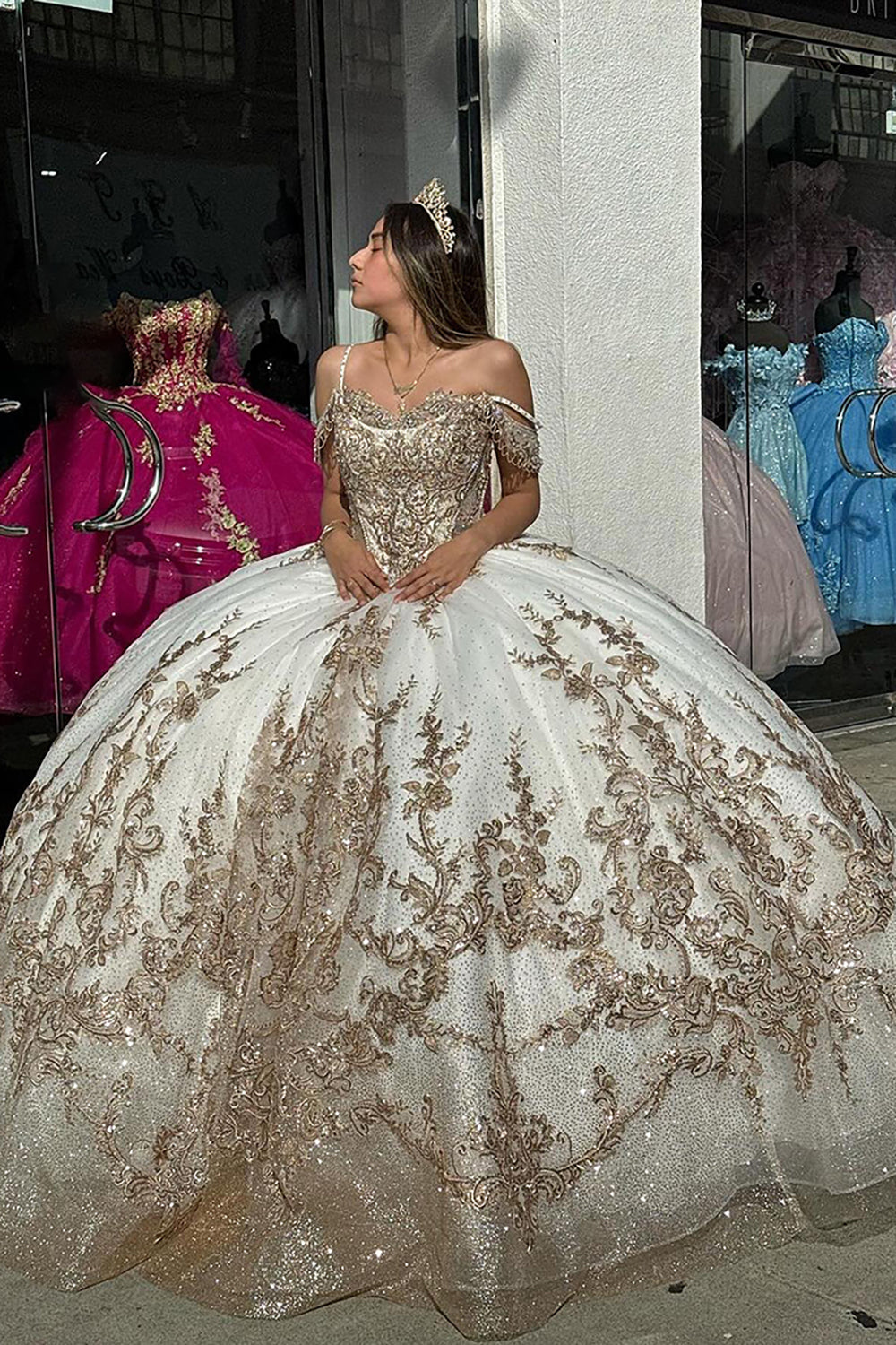 Golden Ivory Cold Shoulder Ball Gown with Sparkly Sequins for Quinceanera