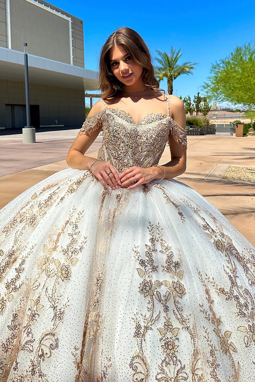 Golden Ivory Cold Shoulder Ball Gown with Sparkly Sequins for Quinceanera