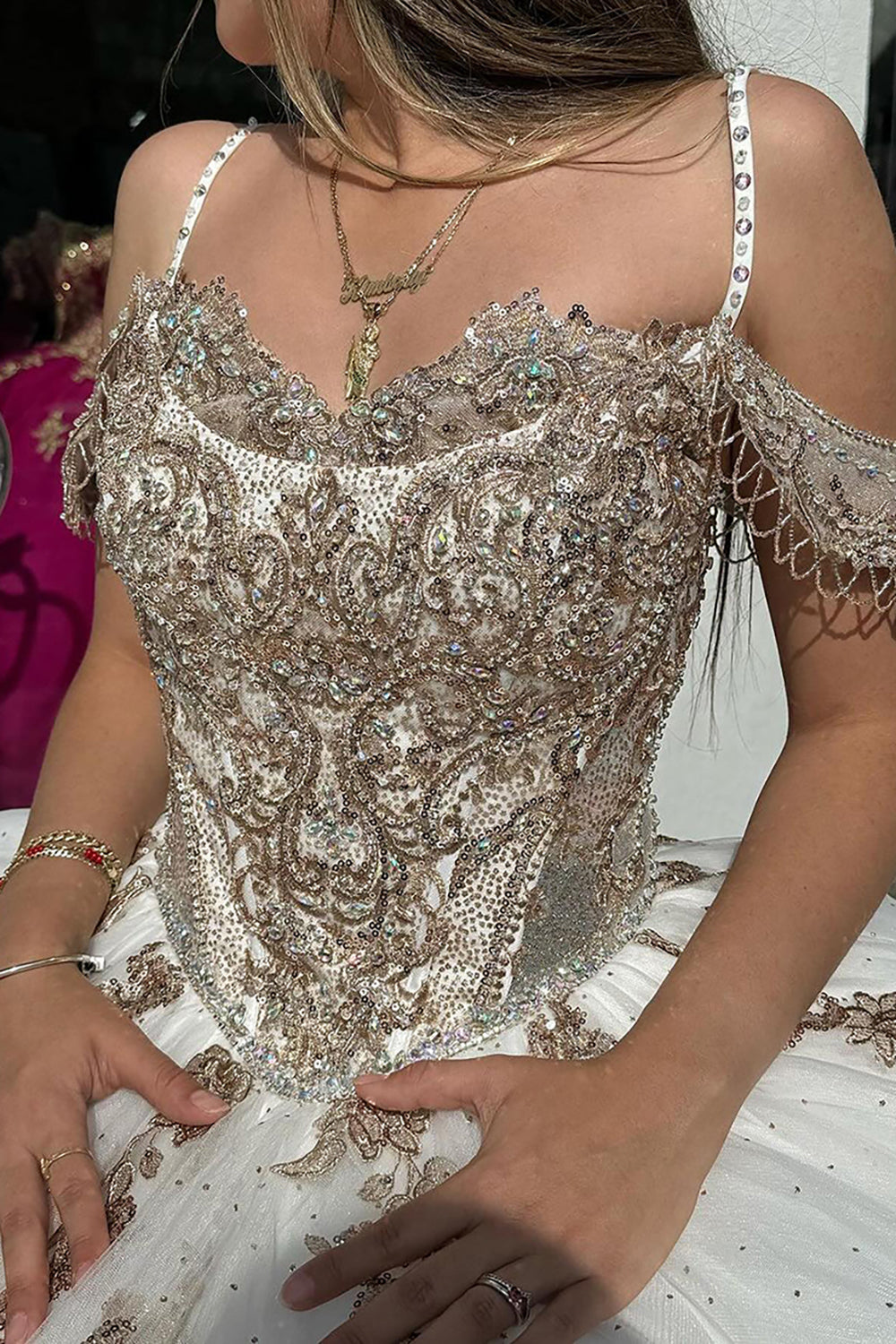 Golden Ivory Cold Shoulder Ball Gown with Sparkly Sequins for Quinceanera