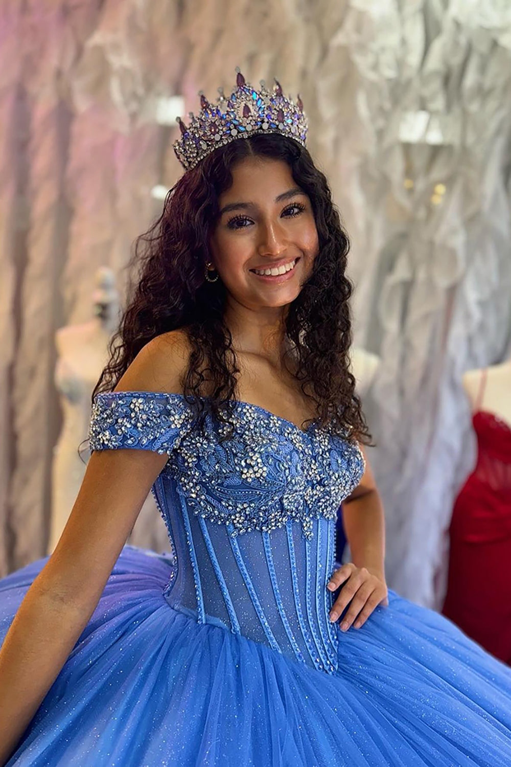 Blue Sparkle Off-Shoulder Tulle Quinceanera Gown with Beaded Details