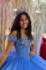 Blue Sparkle Off-Shoulder Tulle Quinceanera Gown with Beaded Details
