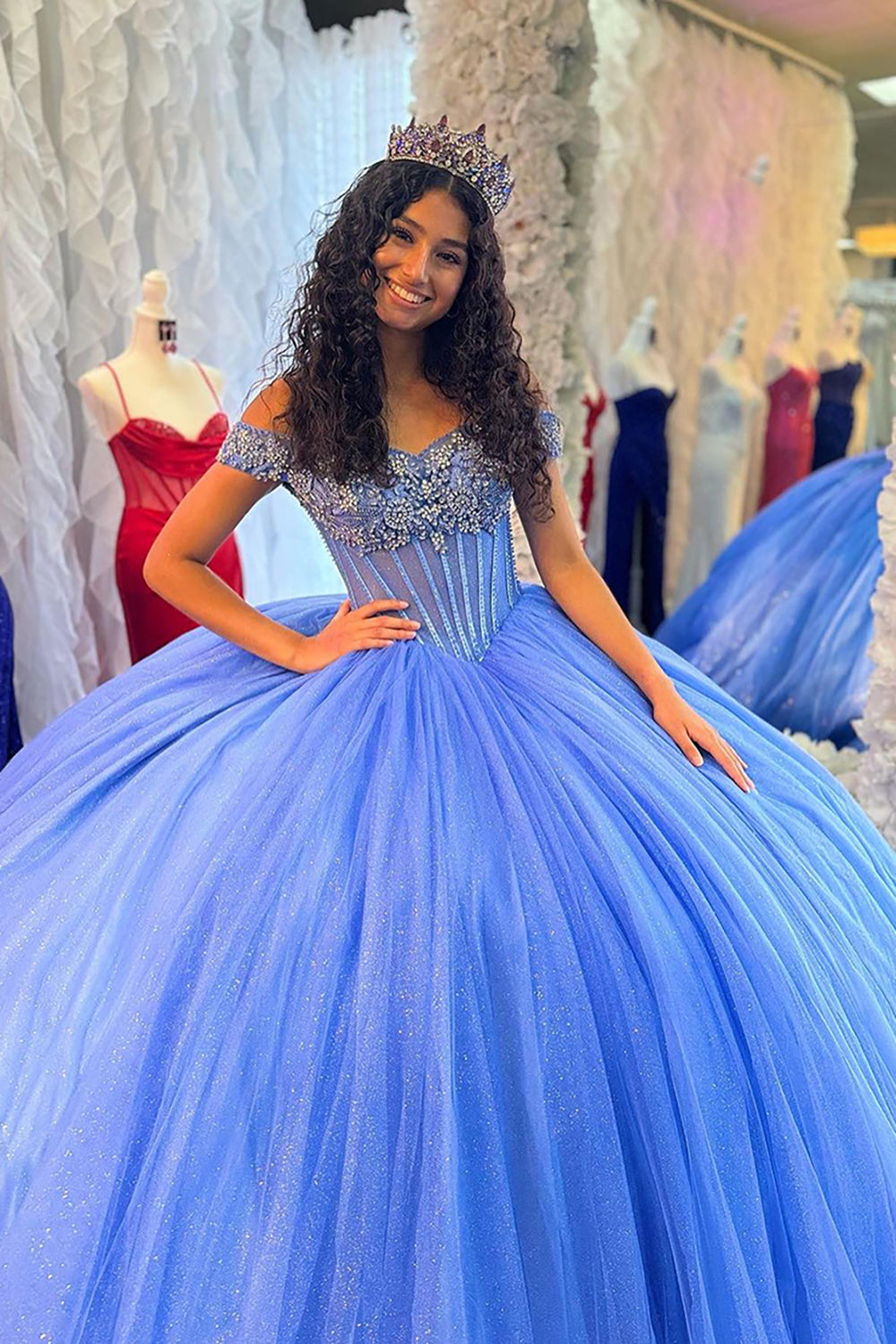 Blue Sparkle Off-Shoulder Tulle Quinceanera Gown with Beaded Details