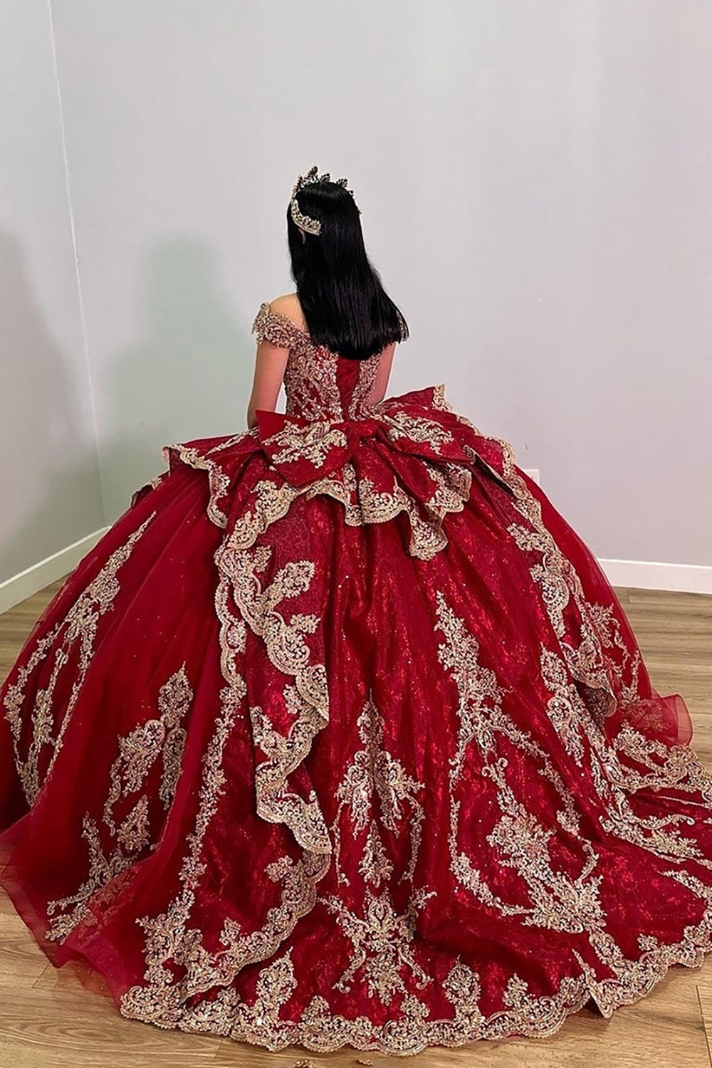 Burgundy Sparkle Off-Shoulder Quinceanera Ball Gown Featuring Appliques