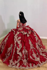Burgundy Sparkle Off-Shoulder Quinceanera Ball Gown Featuring Appliques