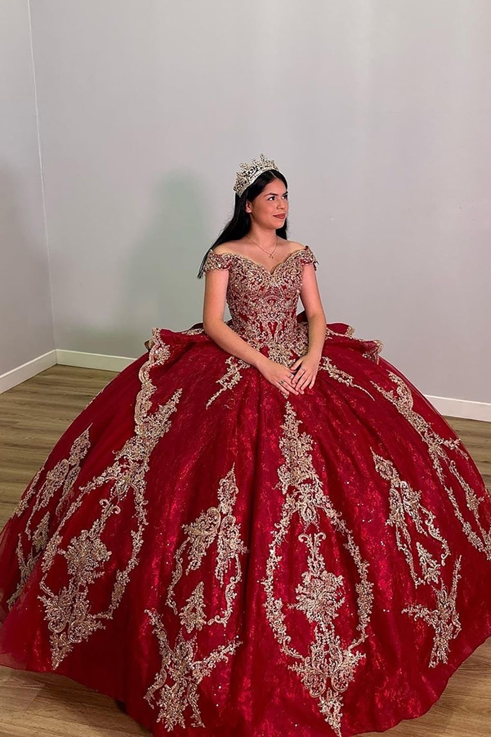 Burgundy Sparkle Off-Shoulder Quinceanera Ball Gown Featuring Appliques