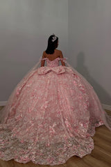 Princess Quinceanera Dress in Dusty Rose with Off-the-Shoulder Bow Applique