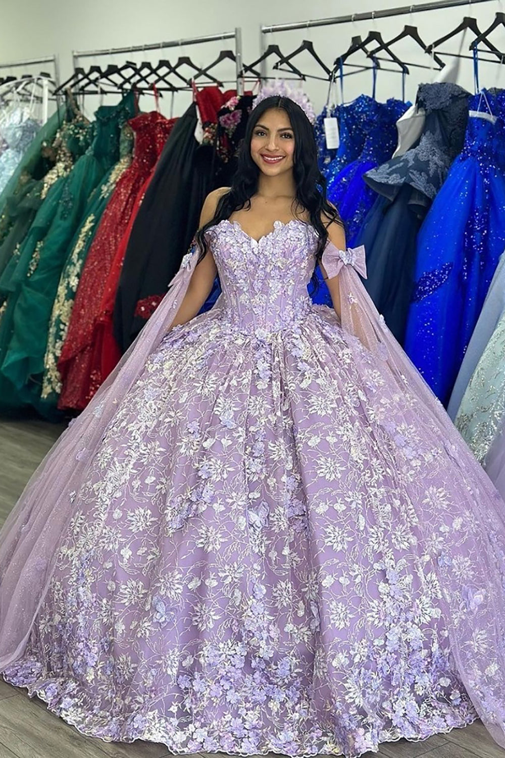 Princess Quinceanera Dress in Dusty Rose with Off-the-Shoulder Bow Applique