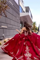 Burgundy Glitter Quinceanera Ball Gown with Beaded Spaghetti Straps