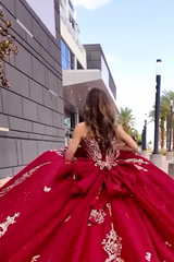 Burgundy Glitter Quinceanera Ball Gown with Beaded Spaghetti Straps