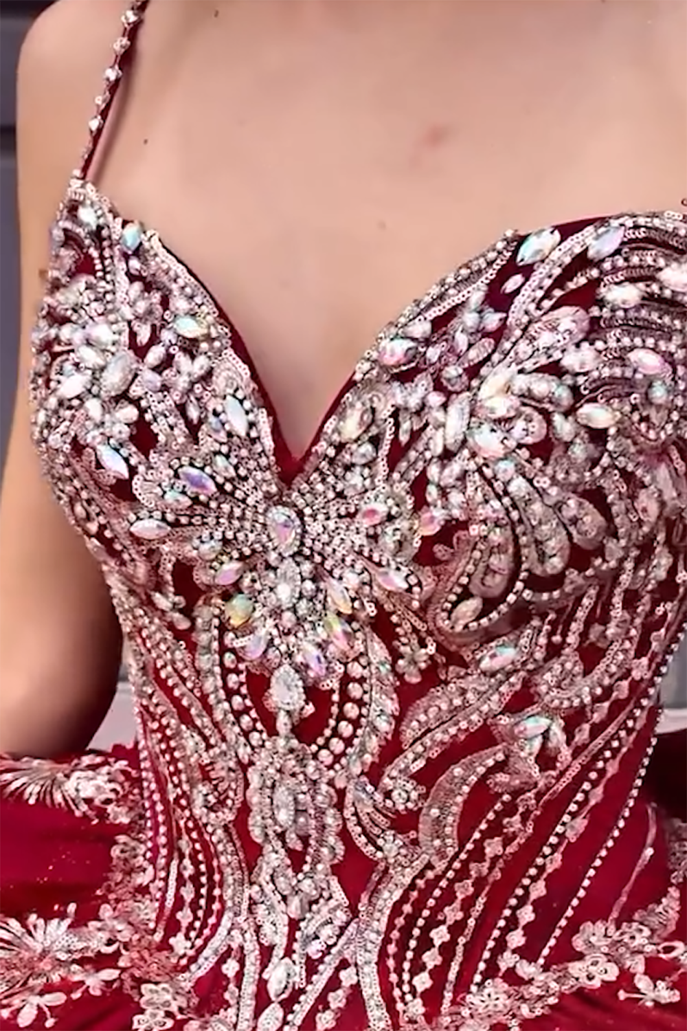 Burgundy Glitter Quinceanera Ball Gown with Beaded Spaghetti Straps