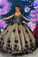 Black Sparkle Off-Shoulder Quinceanera Dress with Apricot Applique