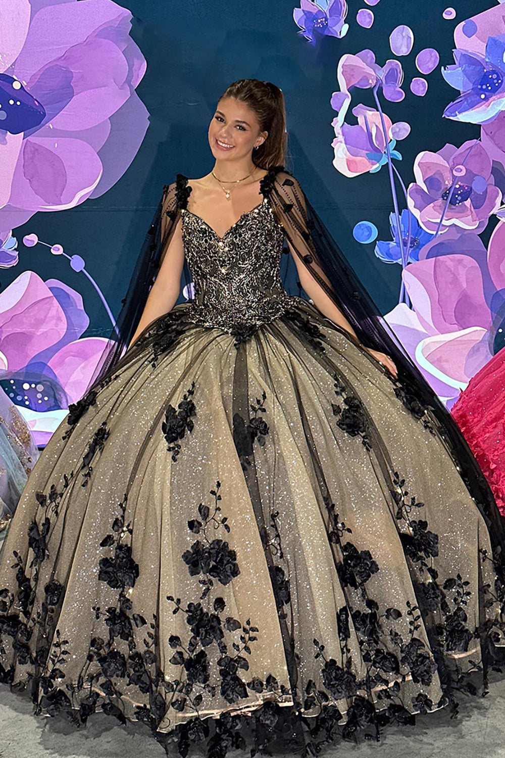 Black Sparkle Off-Shoulder Quinceanera Dress with Apricot Applique