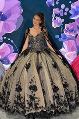 Black Sparkle Off-Shoulder Quinceanera Dress with Apricot Applique
