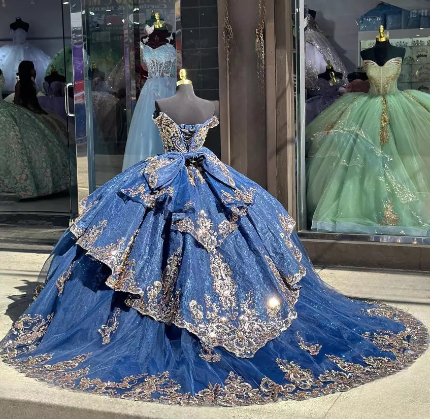 Golden Navy Off-the-Shoulder Tiered Ball Gown with Applique and Bow for Quinceanera