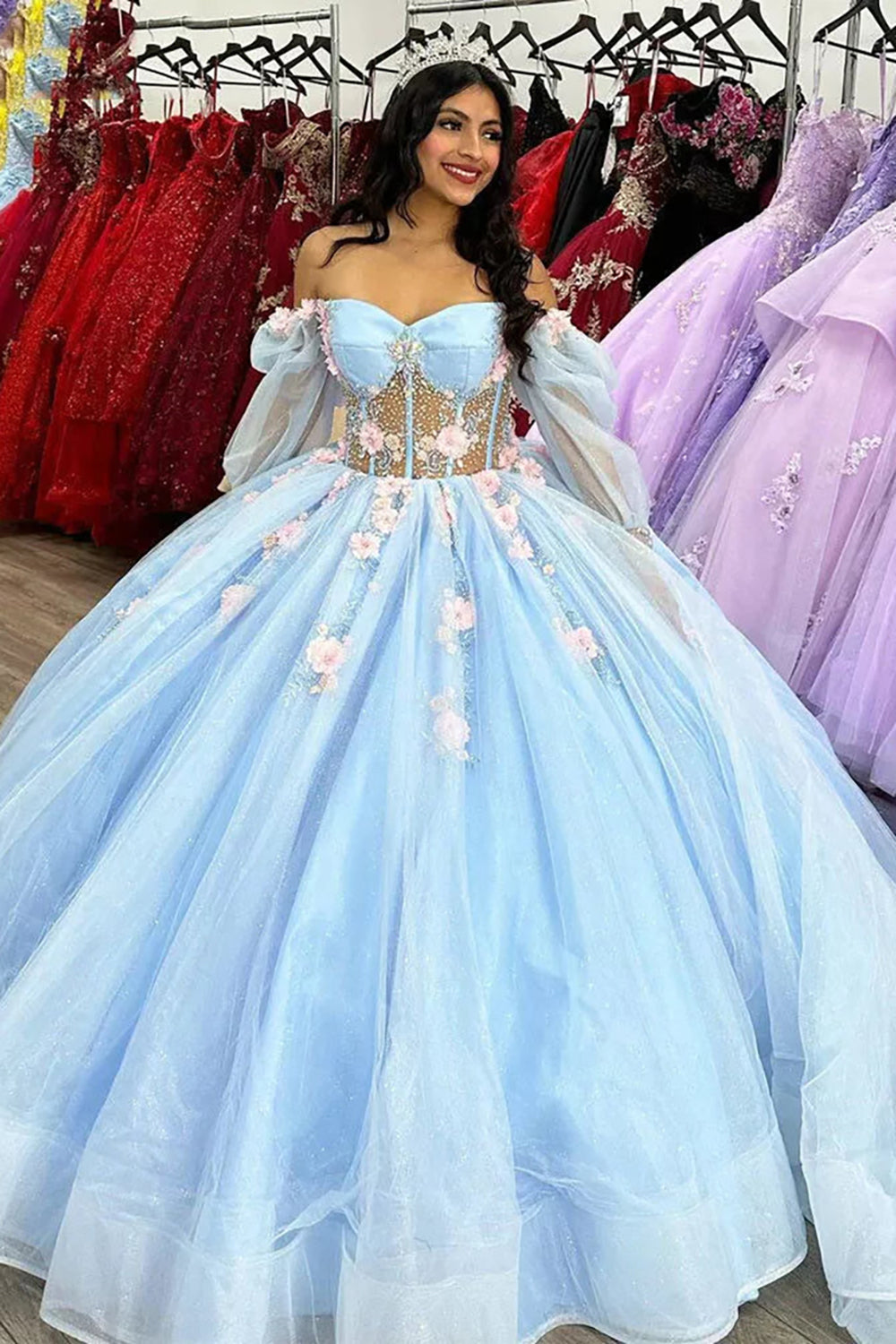 Off-the-Shoulder Sky Blue Quinceanera Dress with Long Sleeves and Appliques