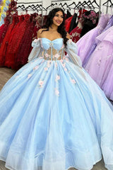 Off-the-Shoulder Sky Blue Quinceanera Dress with Long Sleeves and Appliques