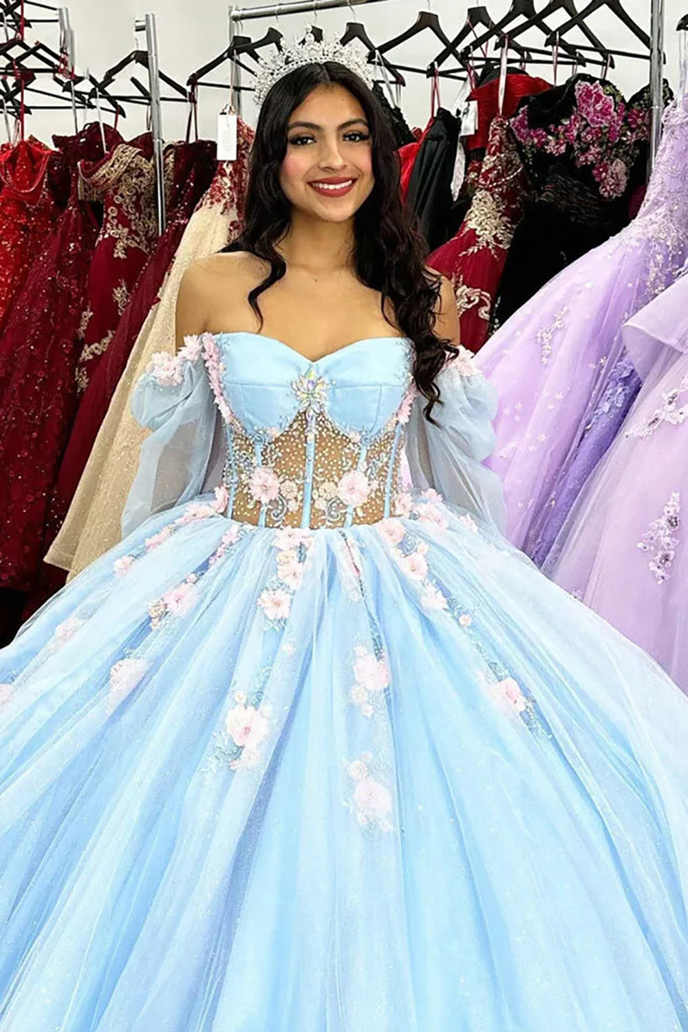 Off-the-Shoulder Sky Blue Quinceanera Dress with Long Sleeves and Appliques