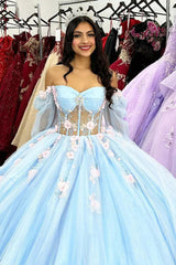 Off-the-Shoulder Sky Blue Quinceanera Dress with Long Sleeves and Appliques
